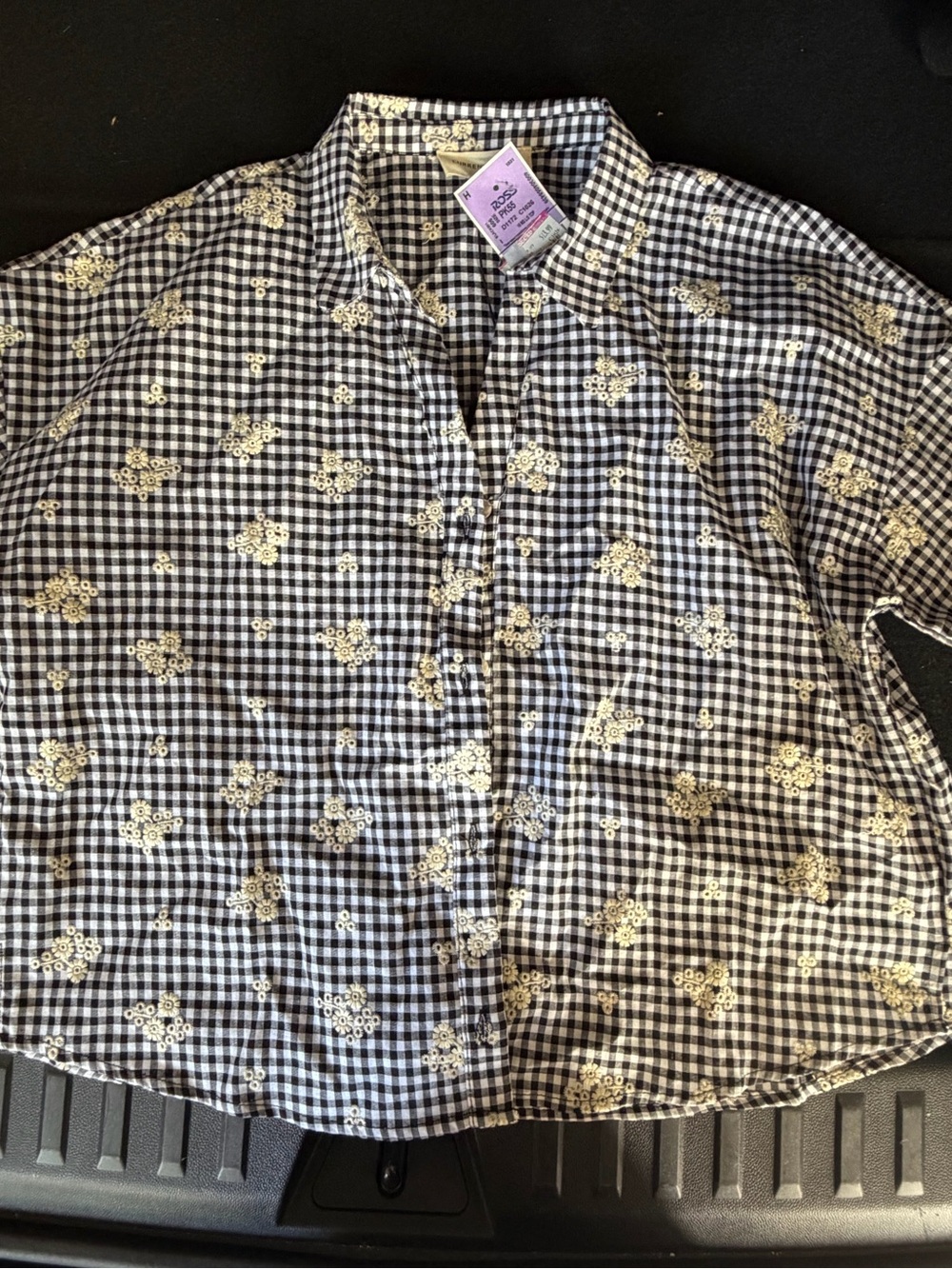 Current/Elliott Black & White Gingham Button-Down with Cream Floral Appliqué